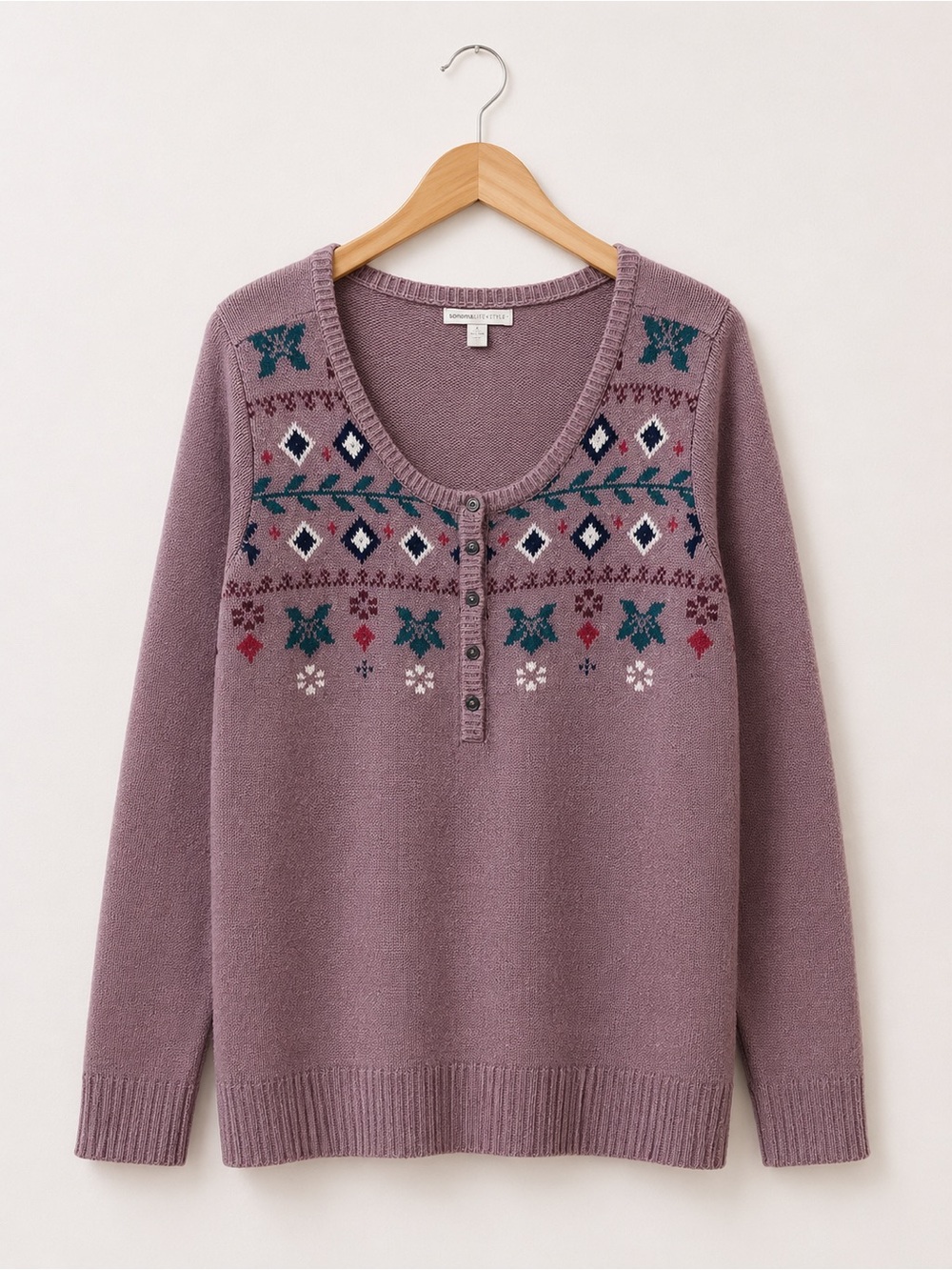 Woman Within Women's Mauve Fair Isle Henley Sweater 18/20